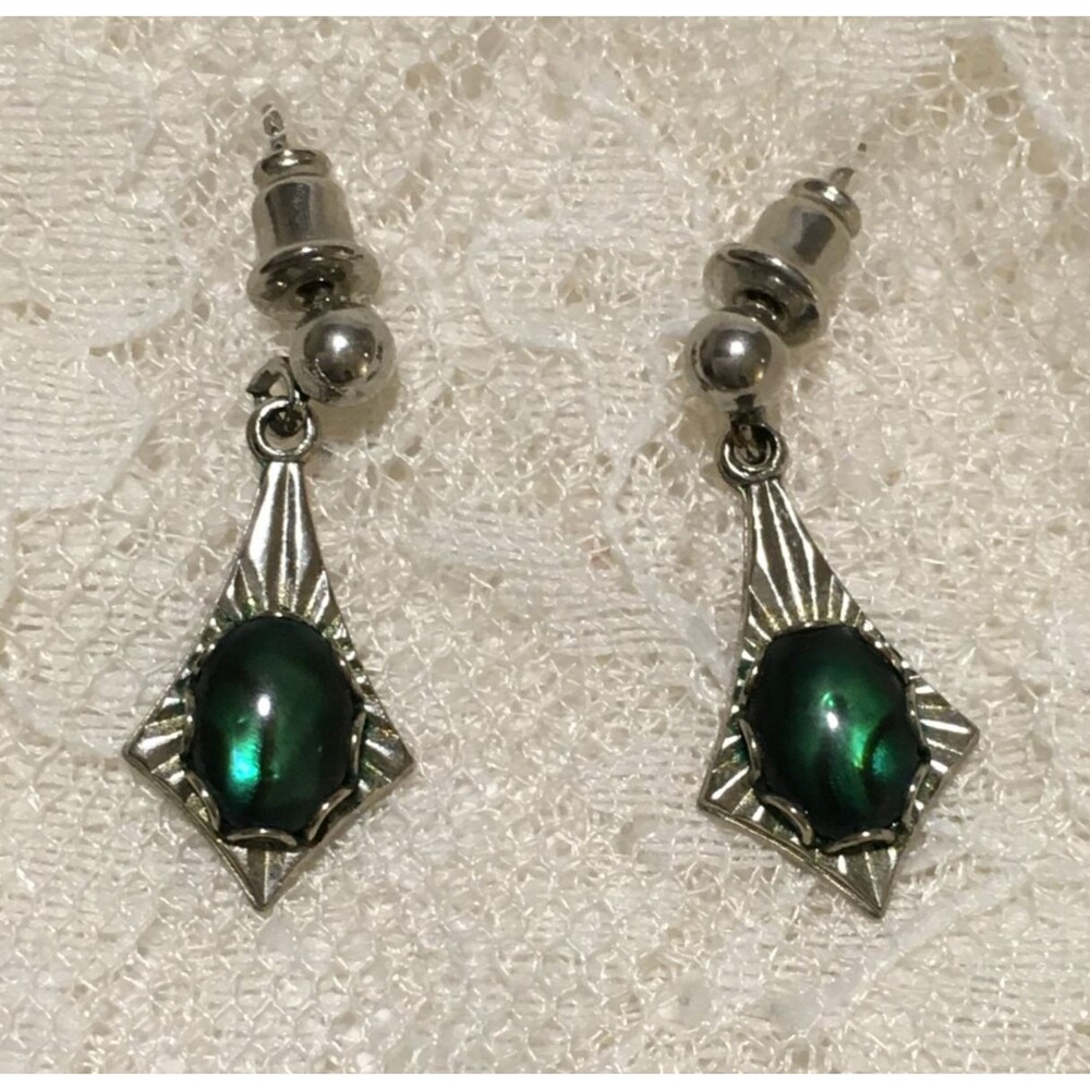 Vintage 60s 70s Abalone Green Tone Earrings Silver Tone Dainty Mid Century